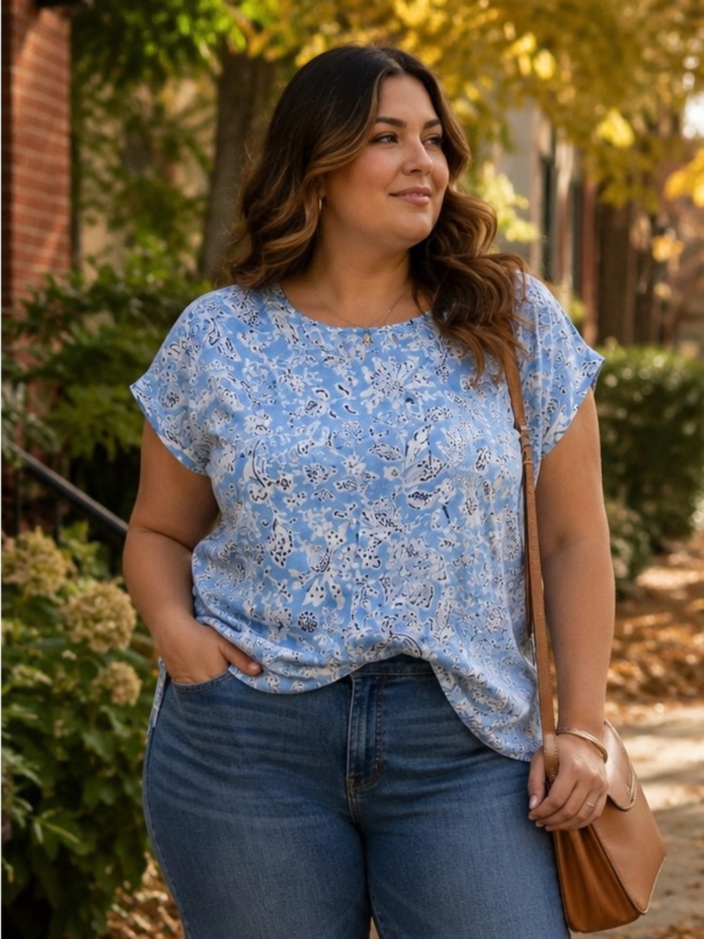 Rachel Zoe Light Blue Floral Short Sleeve Tee